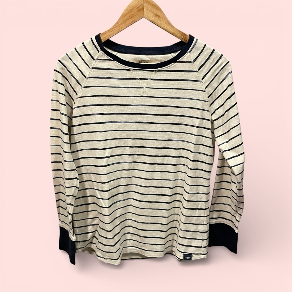 Cute classic creamy navy striped waffle cotton long sleeve top L.L. Bean